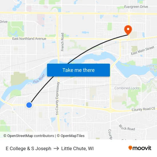 E College & S Joseph to Little Chute, WI map