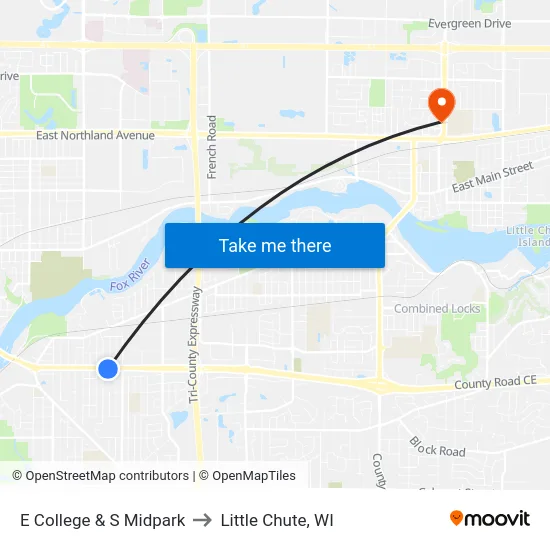 E College & S Midpark to Little Chute, WI map