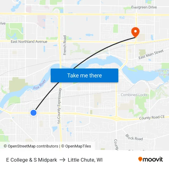 E College & S Midpark to Little Chute, WI map