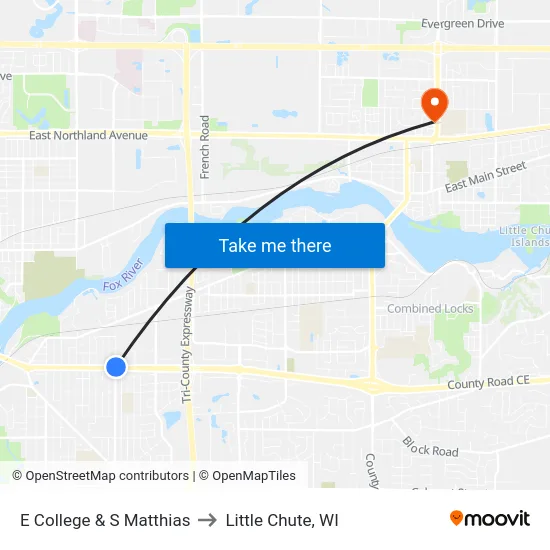 E College & S Matthias to Little Chute, WI map