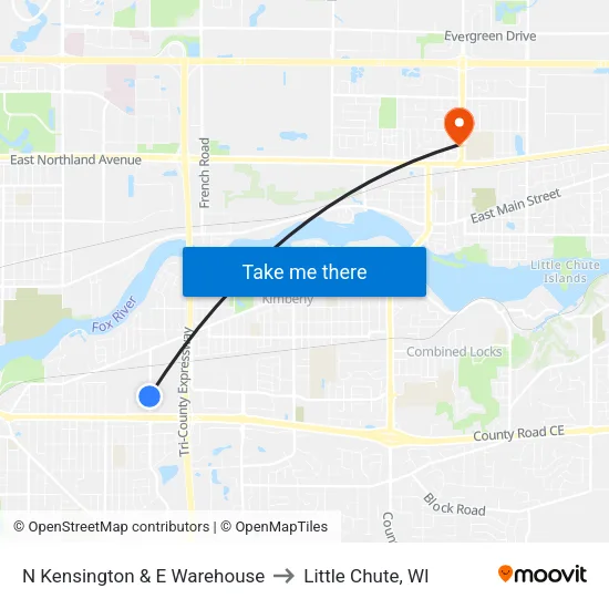 N Kensington & E Warehouse to Little Chute, WI map
