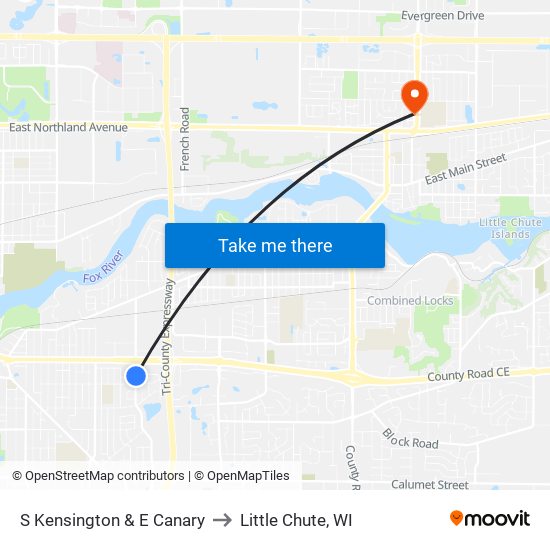 S Kensington & E Canary to Little Chute, WI map