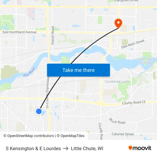 S Kensington & E Lourdes to Little Chute, WI map