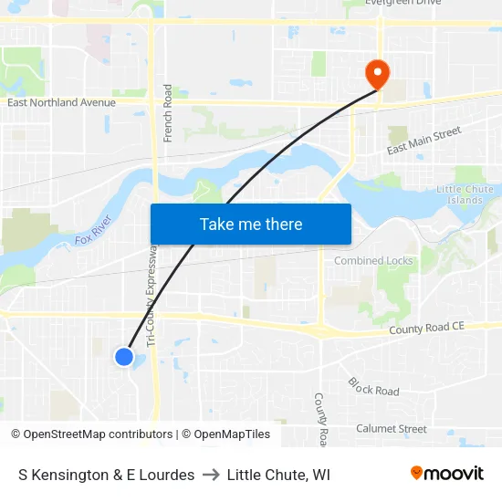 S Kensington & E Lourdes to Little Chute, WI map