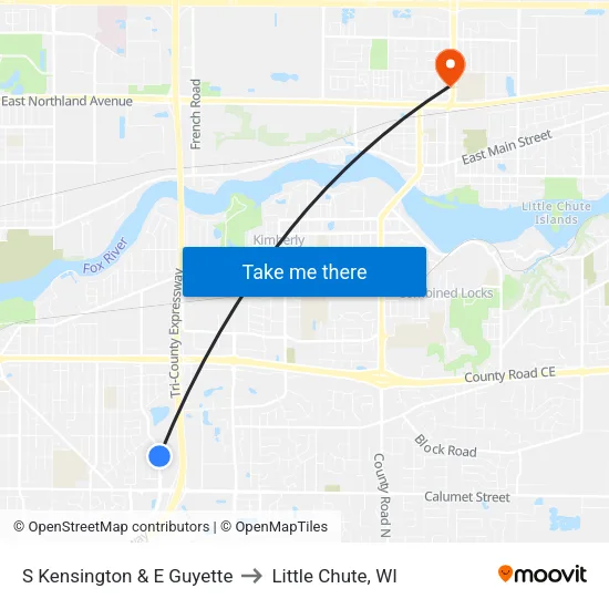 S Kensington & E Guyette to Little Chute, WI map