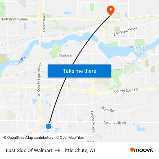 East Side Of Walmart to Little Chute, WI map