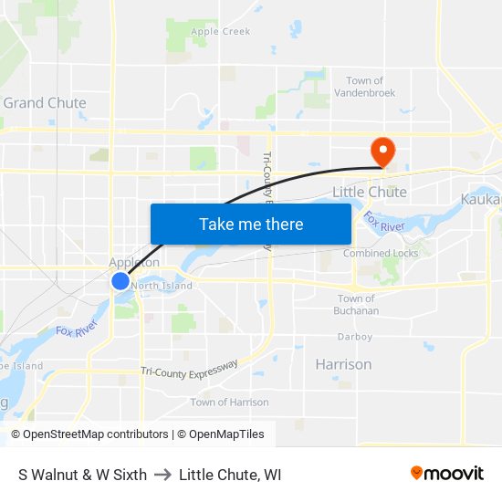 S Walnut & W Sixth to Little Chute, WI map