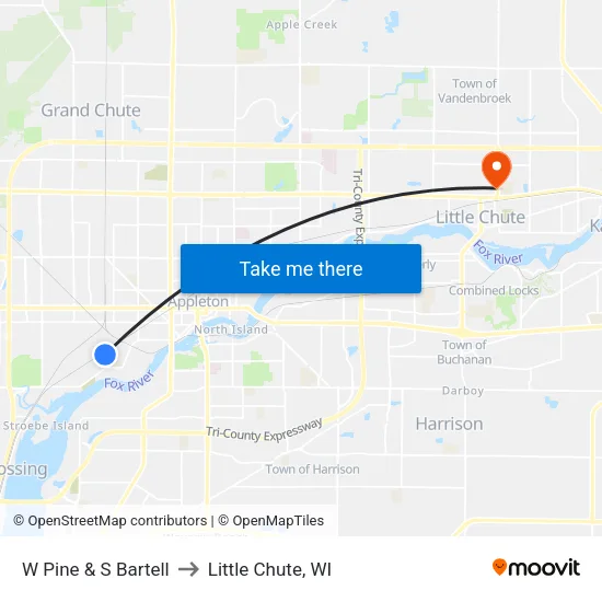 W Pine & S Bartell to Little Chute, WI map