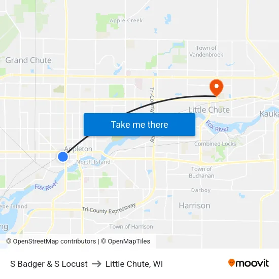 S Badger & S Locust to Little Chute, WI map