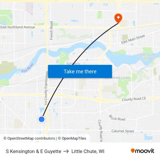 S Kensington & E Guyette to Little Chute, WI map