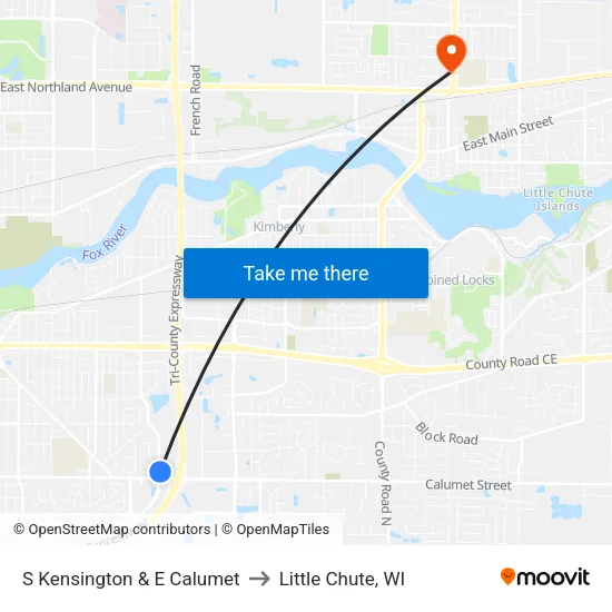 S Kensington & E Calumet to Little Chute, WI map