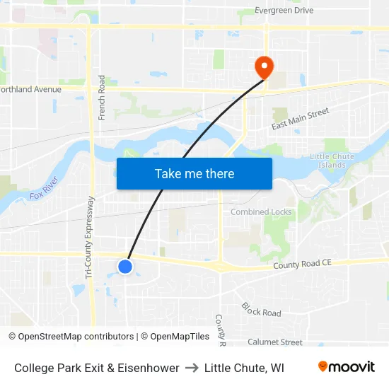 College Park Exit & Eisenhower to Little Chute, WI map