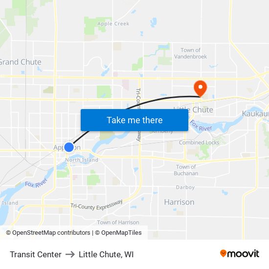 Transit Center to Little Chute, WI map