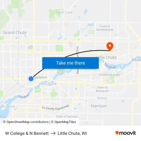 W College & N Bennett to Little Chute, WI map