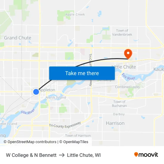 W College & N Bennett to Little Chute, WI map