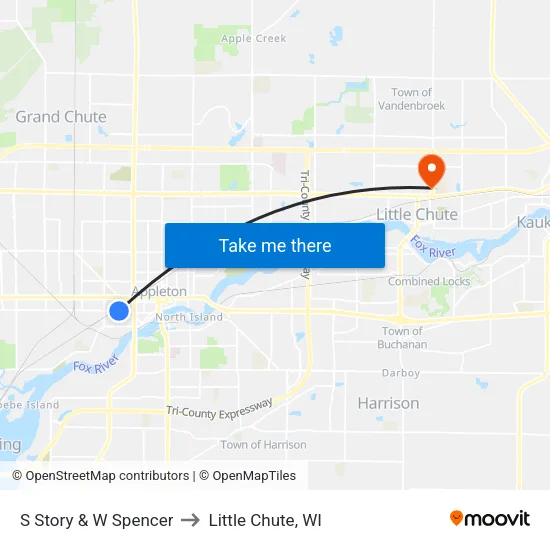S Story & W Spencer to Little Chute, WI map