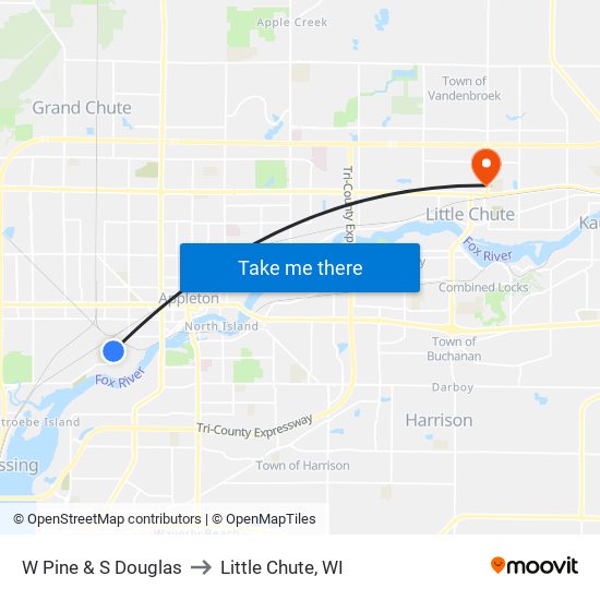 W Pine & S Douglas to Little Chute, WI map