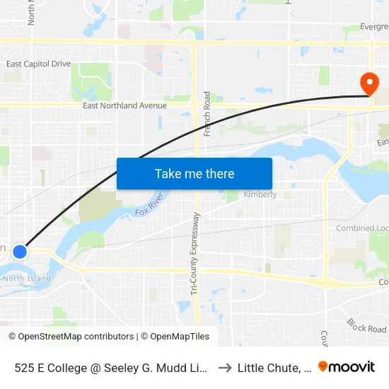 525 E College @ Seeley G. Mudd Library to Little Chute, WI map