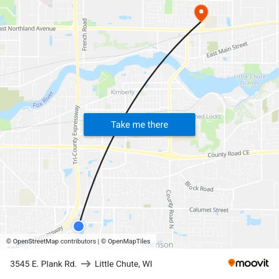 3545 E. Plank Rd. to Little Chute, WI map