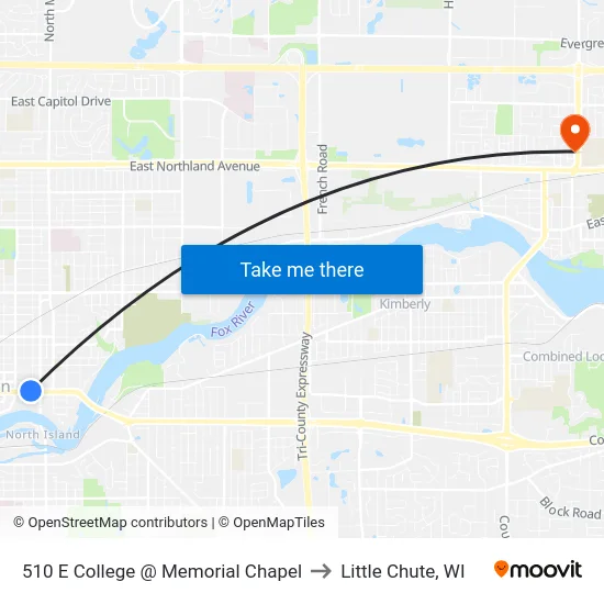510 E College @ Memorial Chapel to Little Chute, WI map