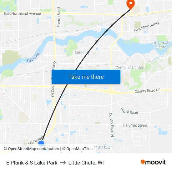 E Plank & S Lake Park to Little Chute, WI map