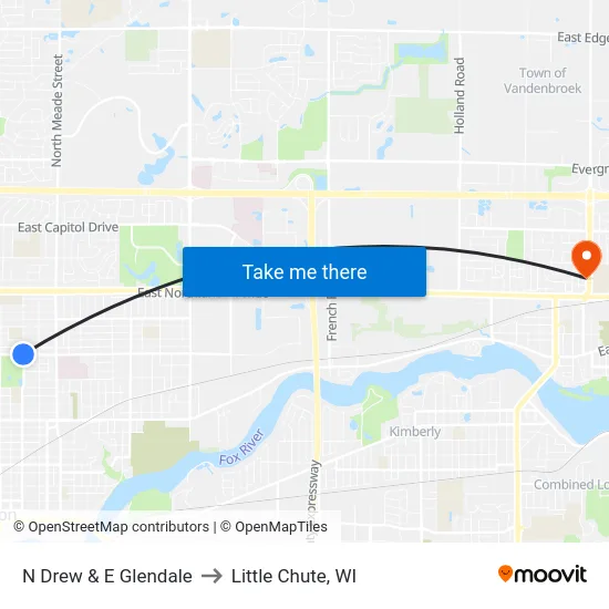 N Drew & E Glendale to Little Chute, WI map