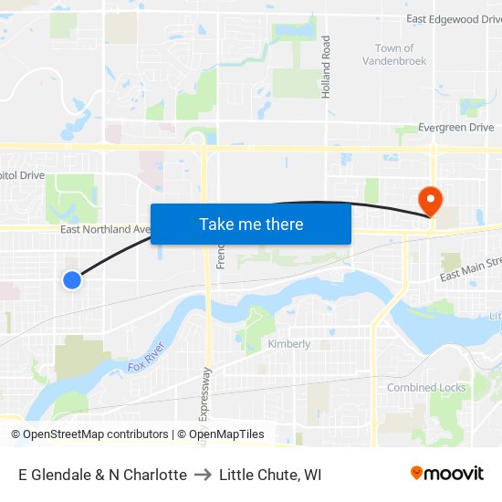 E Glendale & N Charlotte to Little Chute, WI map