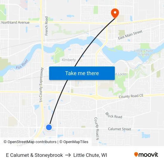 E Calumet & Stoneybrook to Little Chute, WI map