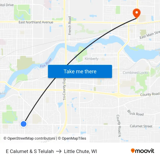 E Calumet & S Telulah to Little Chute, WI map