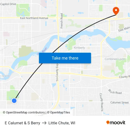E Calumet & S Berry to Little Chute, WI map