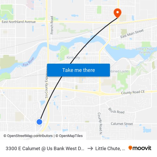 3300 E Calumet @ Us Bank West Drive to Little Chute, WI map