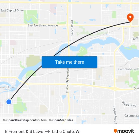 E Fremont & S Lawe to Little Chute, WI map