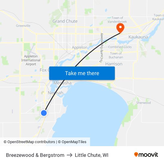 Breezewood & Bergstrom to Little Chute, WI map
