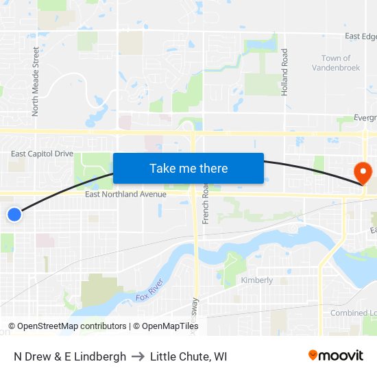 N Drew & E Lindbergh to Little Chute, WI map