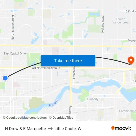 N Drew & E Marquette to Little Chute, WI map