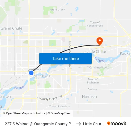 227 S Walnut @ Outagamie County Parking Lot to Little Chute, WI map