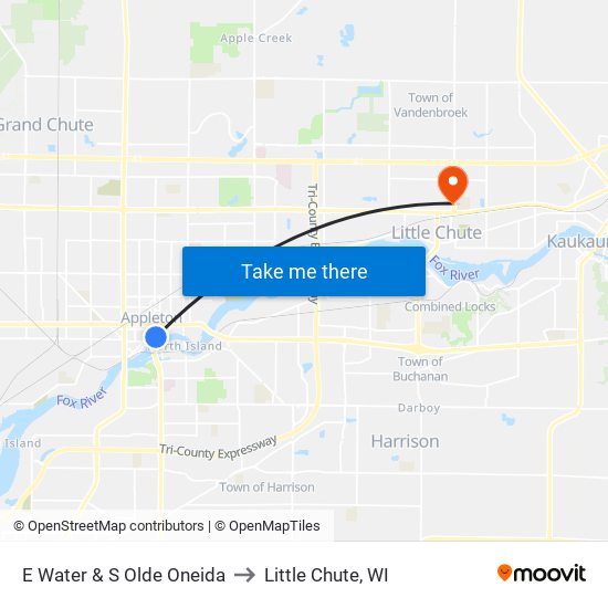 E Water & S Olde Oneida to Little Chute, WI map