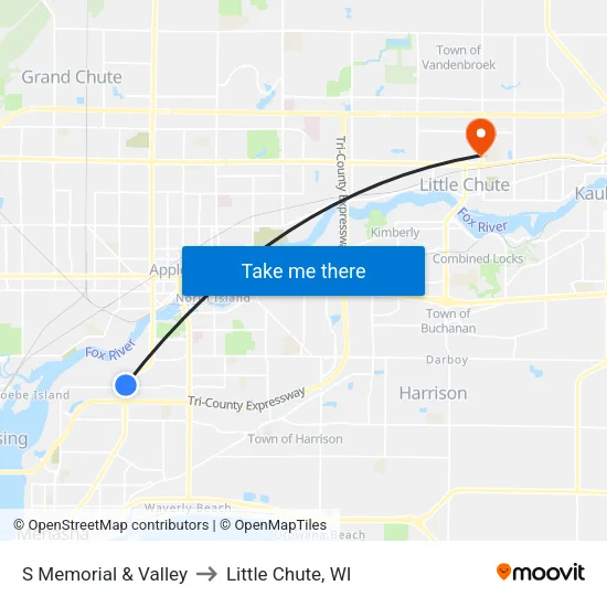 S Memorial & Valley to Little Chute, WI map