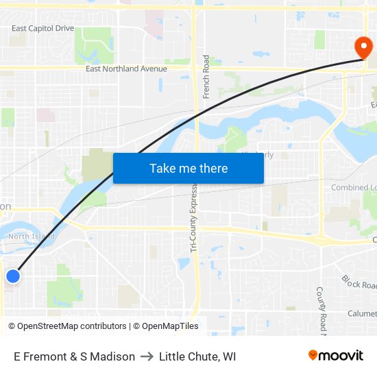 E Fremont & S Madison to Little Chute, WI map