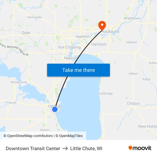 Downtown Transit Center to Little Chute, WI map
