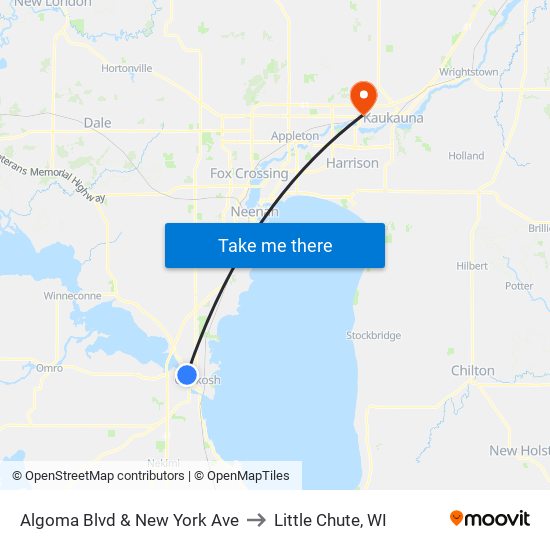 Algoma Blvd & New York Ave to Little Chute, WI map