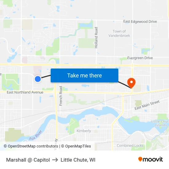 Marshall @ Capitol to Little Chute, WI map