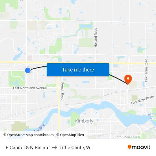 E Capitol & N Ballard to Little Chute, WI map