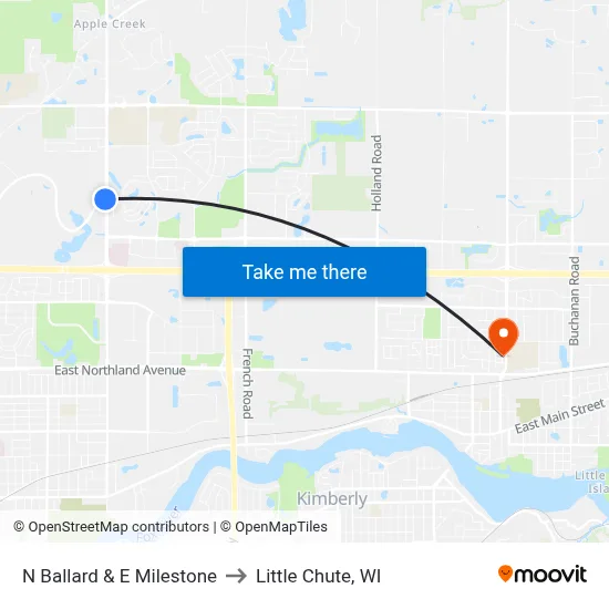 N Ballard & E Milestone to Little Chute, WI map