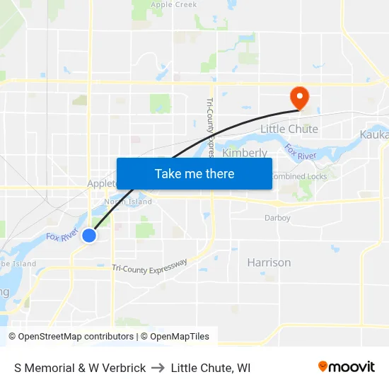 S Memorial & W Verbrick to Little Chute, WI map