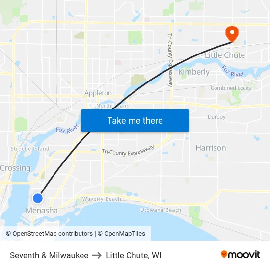 Seventh & Milwaukee to Little Chute, WI map