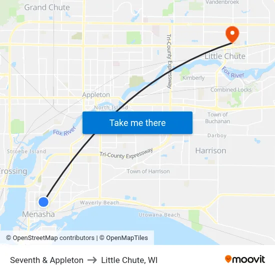 Seventh & Appleton to Little Chute, WI map