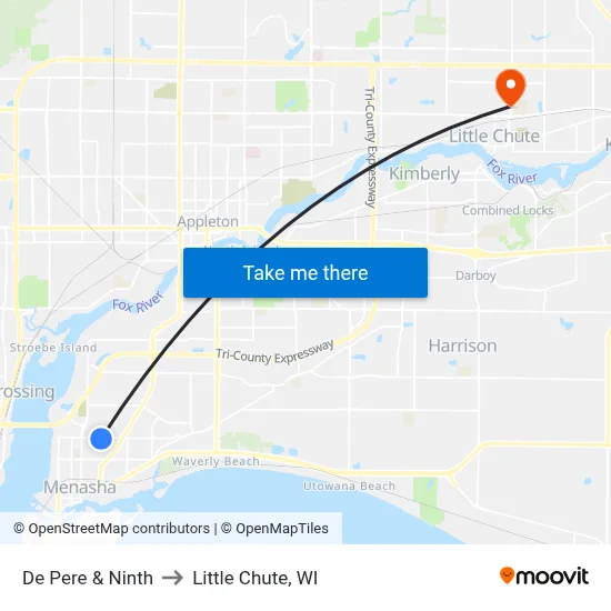 De Pere & Ninth to Little Chute, WI map
