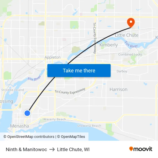 Ninth & Manitowoc to Little Chute, WI map