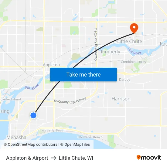 Appleton & Airport to Little Chute, WI map